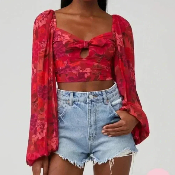 For Love & Lemons Trisha Pink Red Floral Blouson Puff Sleeve Crop Top Size Small - Picture 5 of 9